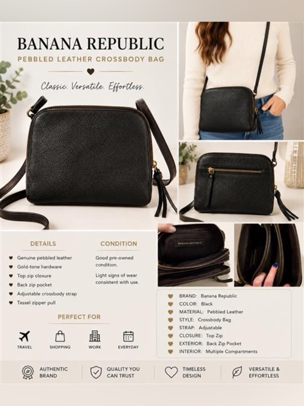 Banana Republic Black Pebbled Leather Crossbody with Tassel